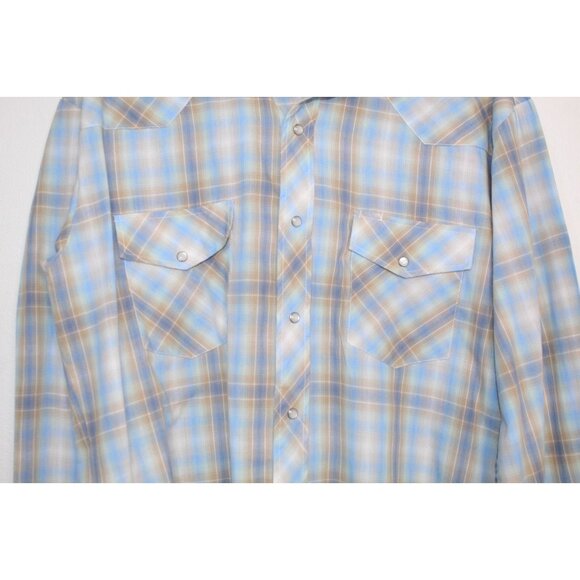 Roper Men's Cowboy Shirt L Blue Tan Plaid Western Pearl Snap Casual Fit Relaxed - Picture 3 of 15